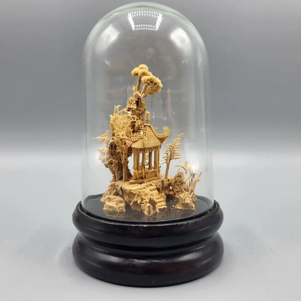 Vtg Chinese Carved Cork Diorama Glass Dome Dark Wood Base Small Shelf Decor READ